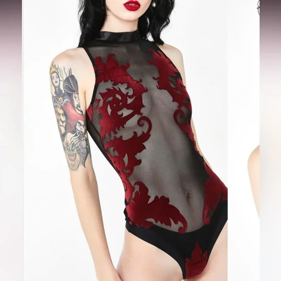 Velvet enchantress bodysuit red burn out rave festival one piece onesie lingerie - Picture 2 of 8